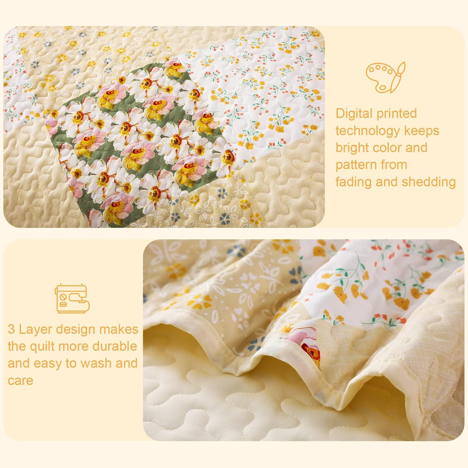Reversible Floral Boho Patchwork Quilt Set - 3 Pcs All Season Bedspread